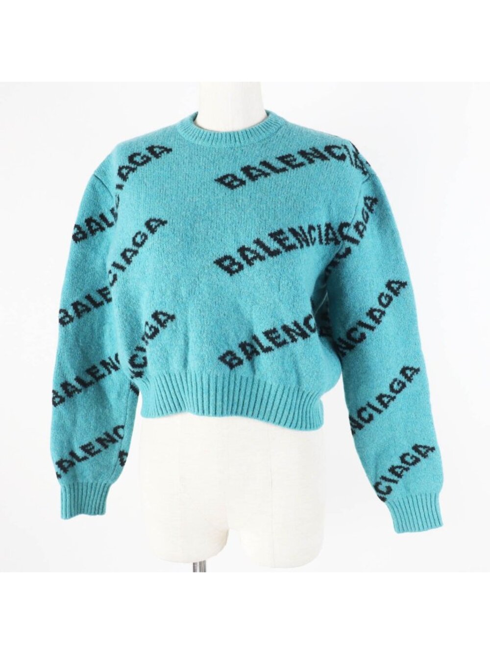 Balenciaga Wool Jacquard Logo Cropped Length Knit Pullover Green Sweater 34